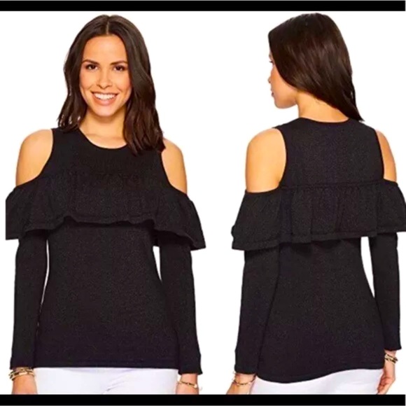 NWT Lilly Pulitzer Burke Sweater Cold Shoulder Ruffle Onyx Metallic Black - Picture 2 of 9